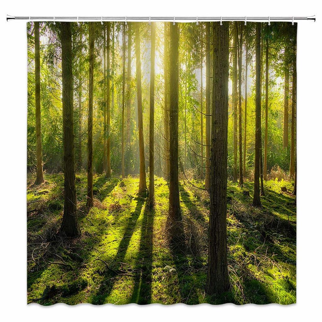 Jungle Shower Curtain Tropical Rainforest Palm Leaf Forest Tree Nature Summer Scenic Bathroom Decor Set with Hooks