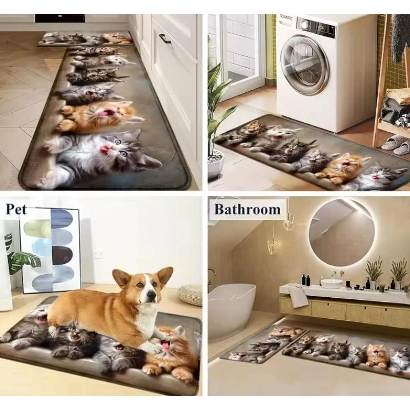 Cute Kitten Print Kitchen Rug Set, Non-Slip Absorbent Floor Mats for Kitchen, Laundry Room Cat Lovers