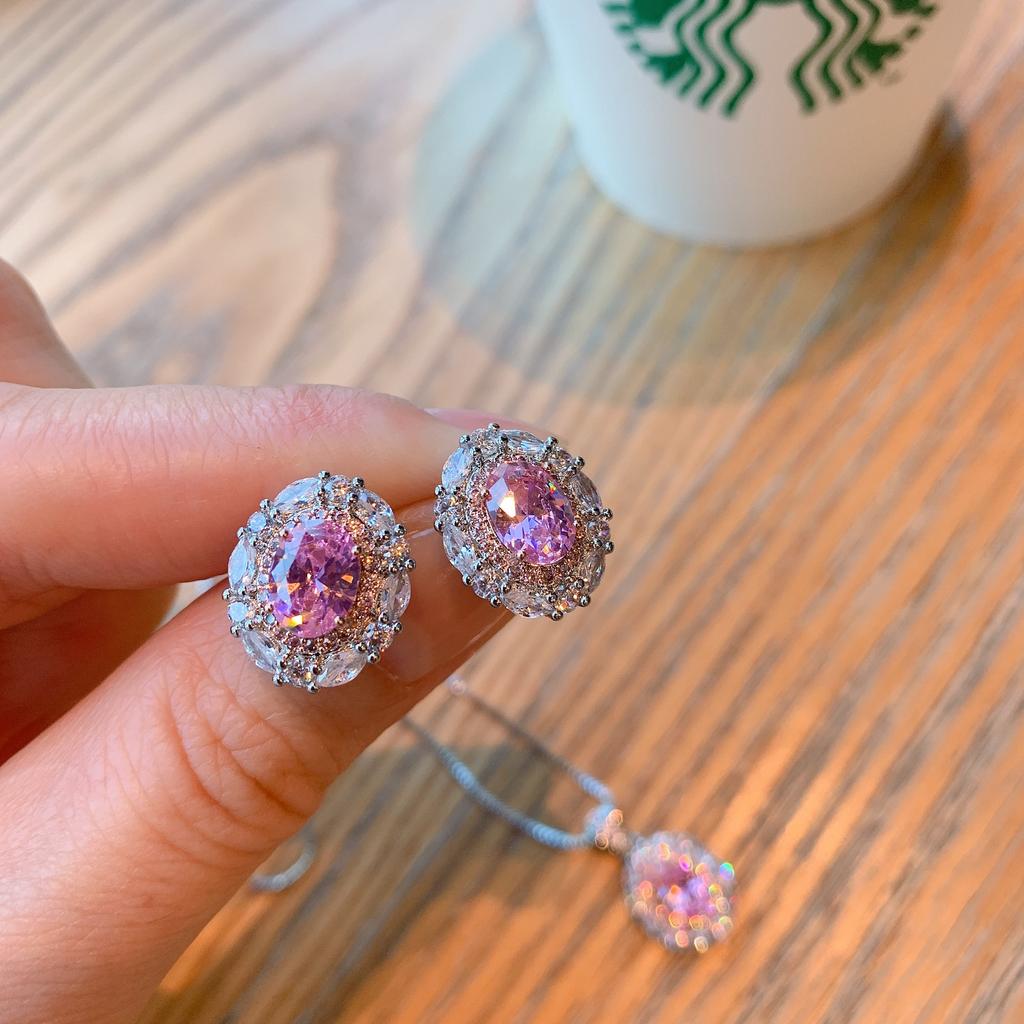 Ювелирные изделия имитация розового бриллианта ключичная цепочка легкая роскошь премиум вишневый цвет розовый драгоценный камень серьги-гвоздики ретро кристалл розовое ожерелье