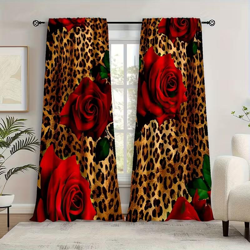 2 шт. шторы с леопардовым принтом и принтом роз, подходят для украшения спальни, гостиной, кухни, домашнего декора, украшения окон