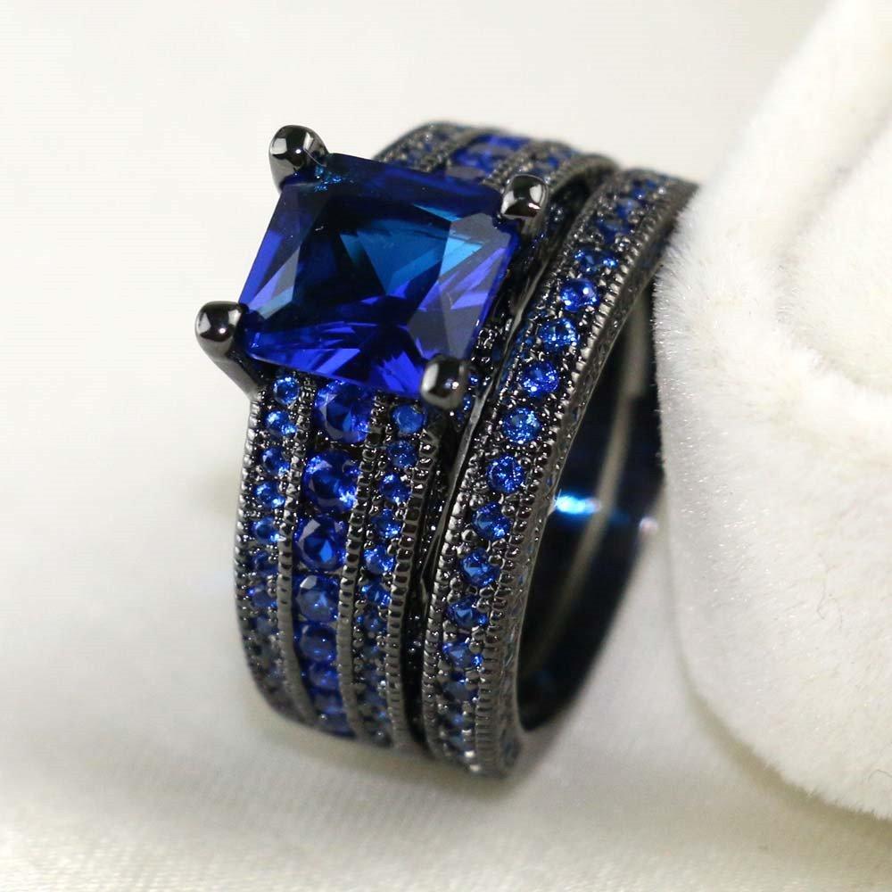 Fashion Couple Rings Romantic Women Blue Rhinestones CZ Rings Set Trendy Men Stainless Steel Rings Wedding Band Jewelry Gifts