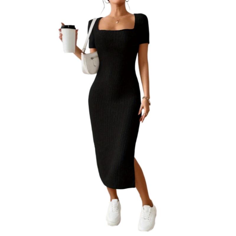 2023 European and American New Independent Station Amazon Hot French Square Collar Side Split Rib Knitted Short-sleeved Dress