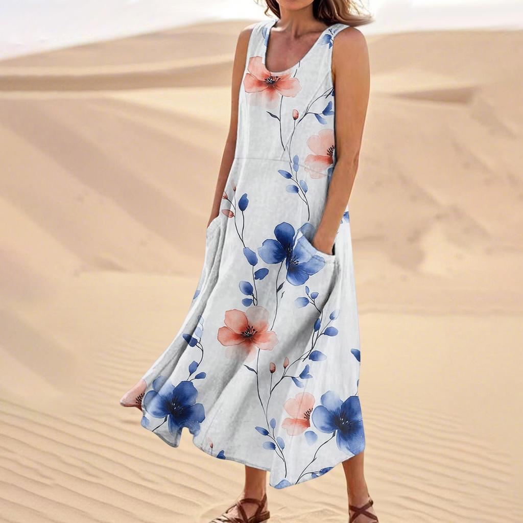 Женское летнее повседневное модное платье без рукавов с цветочным принтом и карманом
