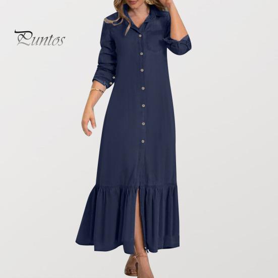 Женское платье макси с отложным воротником и длинным рукавом, однобортный кардиган, свободный однотонный цвет с рюшами в стиле пэчворк, струящийся подол, для путешествий, поездок на работу, весна-лето
