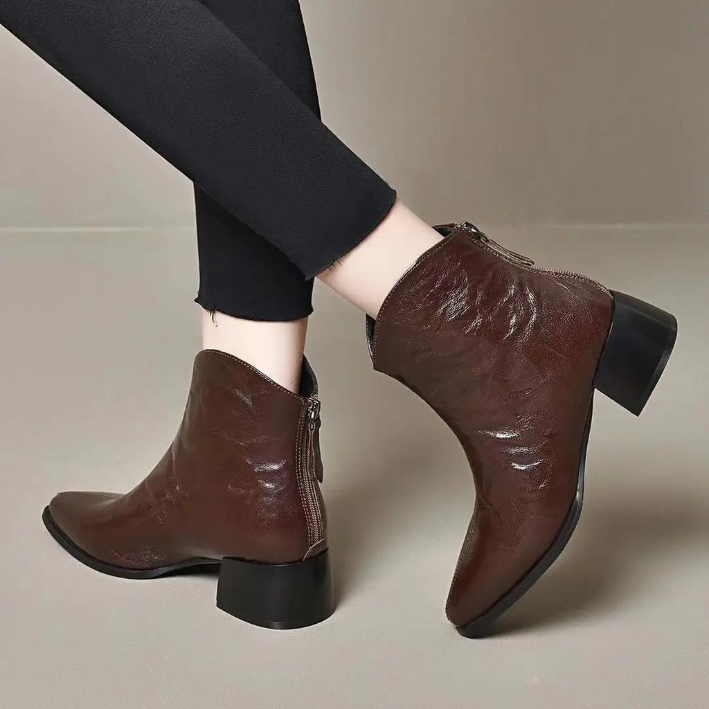 Female Short Shoes Leather Booties Fashion 2024 Pointed Toe Women's Ankle Boots Y2k Designer Luxury Footwear Sale On Promotion