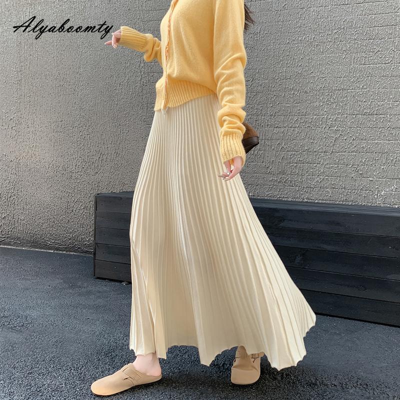 Юбка плиссе в корейском стиле для женщин на осень-зиму, с высокой талией, бежевая, черная, красная, вязаная, длинная, теплая, элегантная