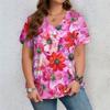 Women's Short Sleeve V Neck Tshirt Woman Fashions Loose Plus Size Clothing Colorful Flower Print Holidays T-Shirts Tops