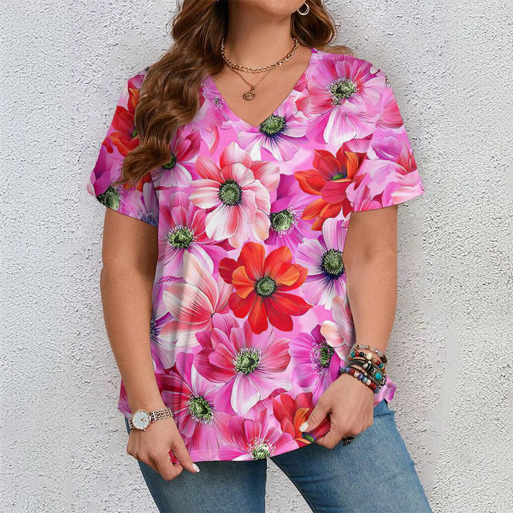 Women's Short Sleeve V Neck Tshirt Woman Fashions Loose Plus Size Clothing Colorful Flower Print Holidays T-Shirts Tops