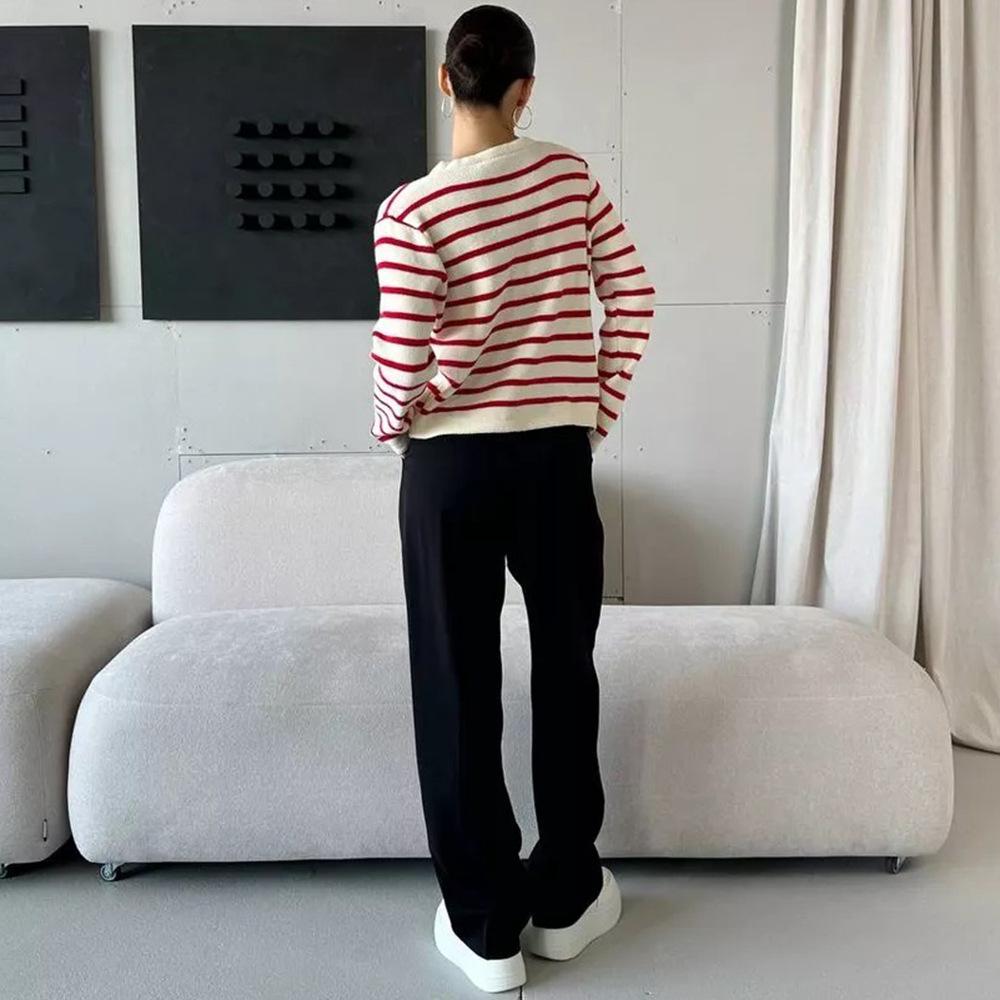 Striped Knitted Cardigan Female Fall Round Neck Short Section Sweater Jacket Comfortable Versatile and Fashionable