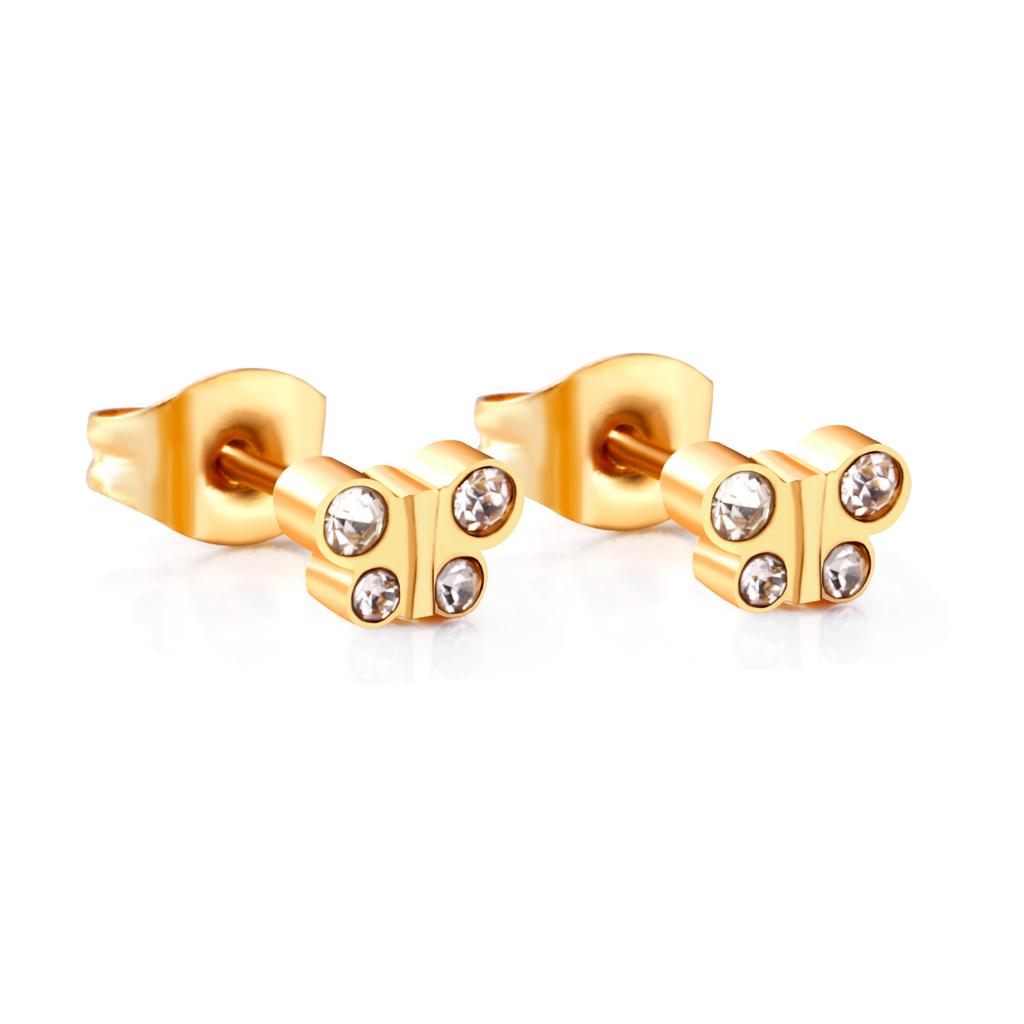 Small Butterfly Earrings with Shiny White Zirconia Tiny Delicate Studs for Girls Teenagers Surgical Steel PVD 18K Ears Jewelry