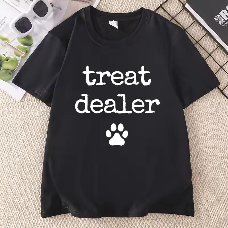 Playful Treat Dealer T-Shirt Paw Print Design T Shirt Casual Round Neck Printed T-Shirts for Men and Women Dog Lover Clothes