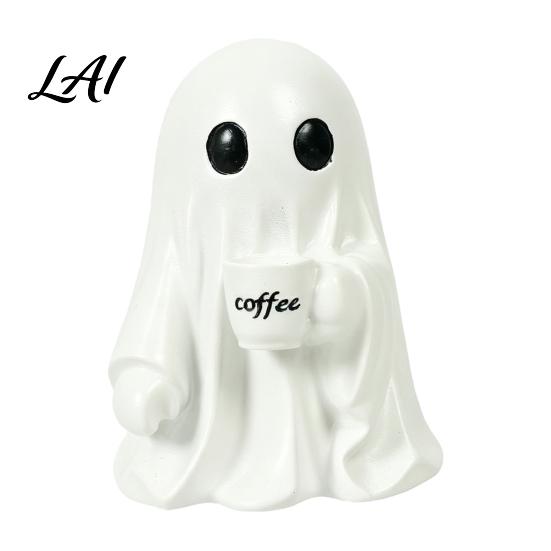 Halloween Ghost Decorations Cute Figurine Resin Tabletop Ornament with Black Cat And Craft Statues Coffee Cup Decor for Home Office Bookshelf
