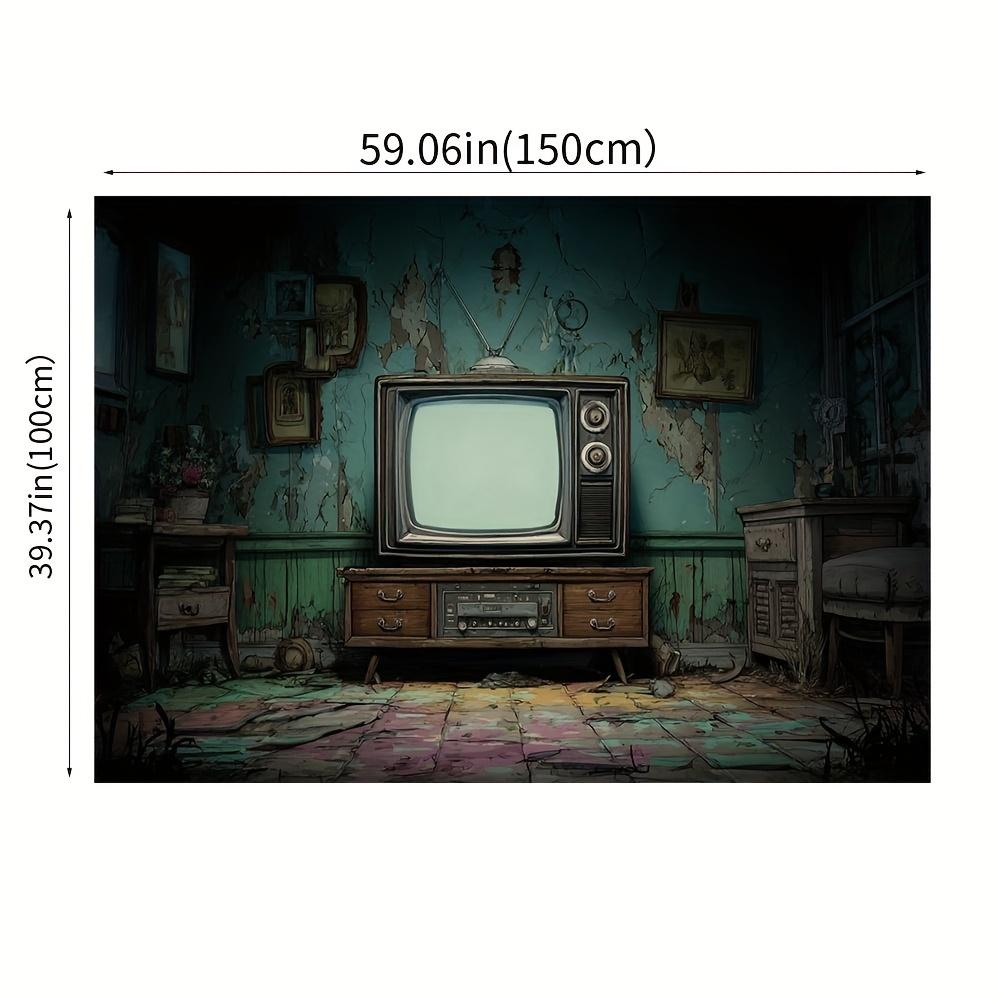 1 piece of retro horror background cloth - Green Eye retro TV living room scene - Halloween decoration photo booth background