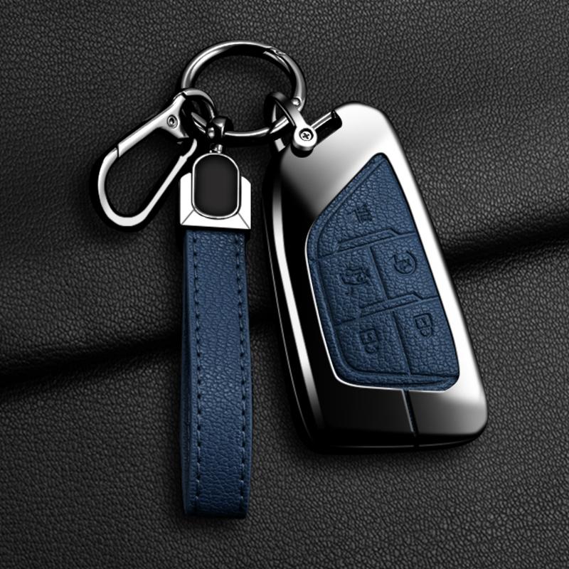 Zinc Alloy + Leather 5 Buttons Car Key Case Cover Fob Holder Shell For Cadillac CT4 CT5 CT4-V C8 Corvette Escalade