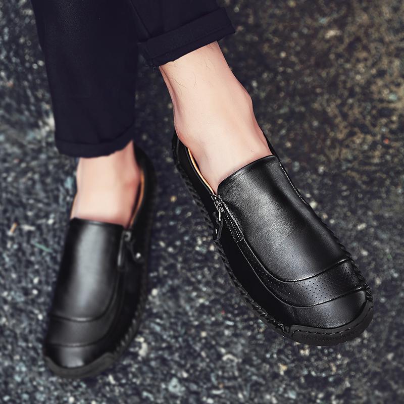 Men's Casual Patchwork Leather Zip Split Round Toe Slip-on Shoes Fashion Antiskid Suture Sole Loafer