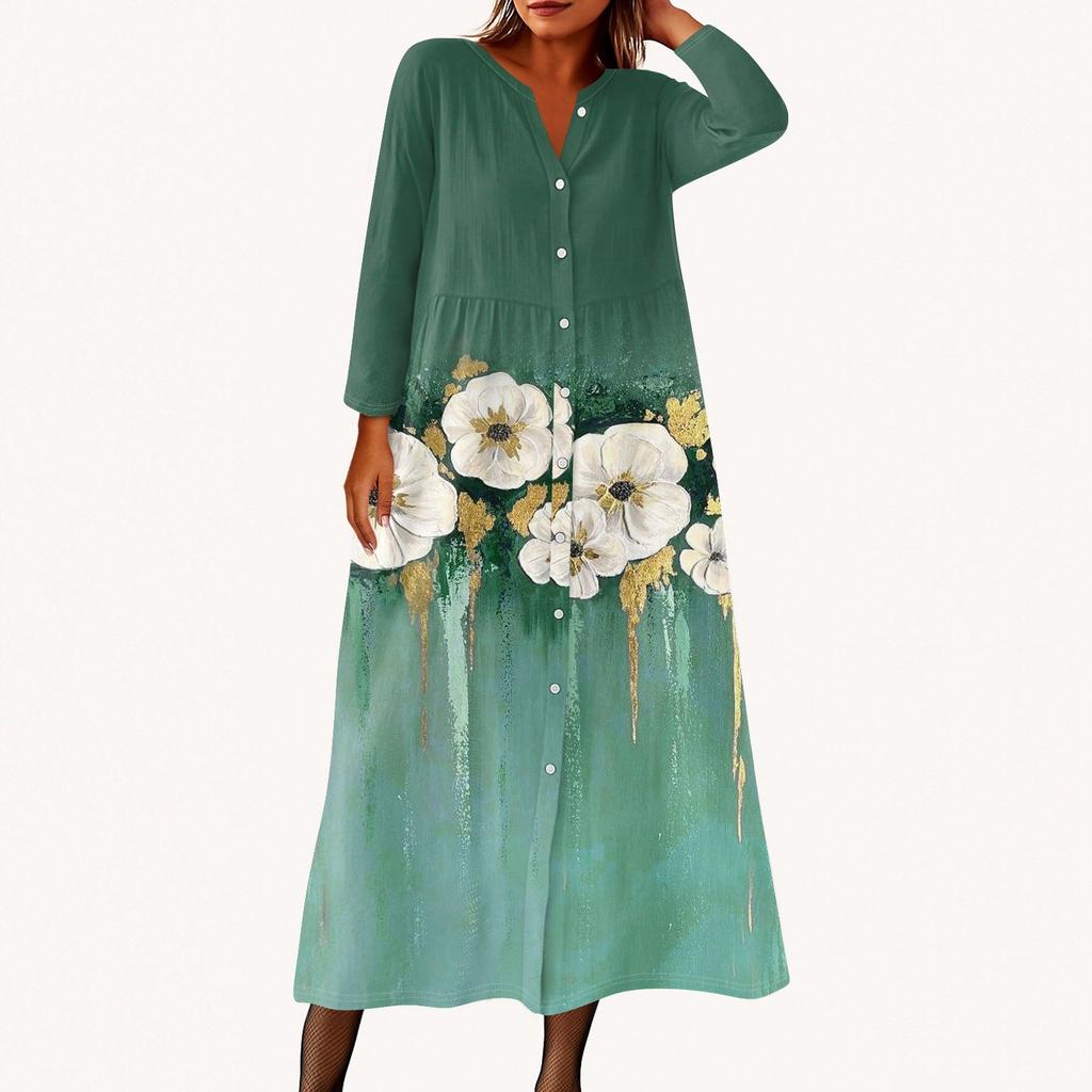 Женское модное платье-рубашка свободного кроя с принтом, круглым вырезом и рукавами семь четвертей на пуговицах