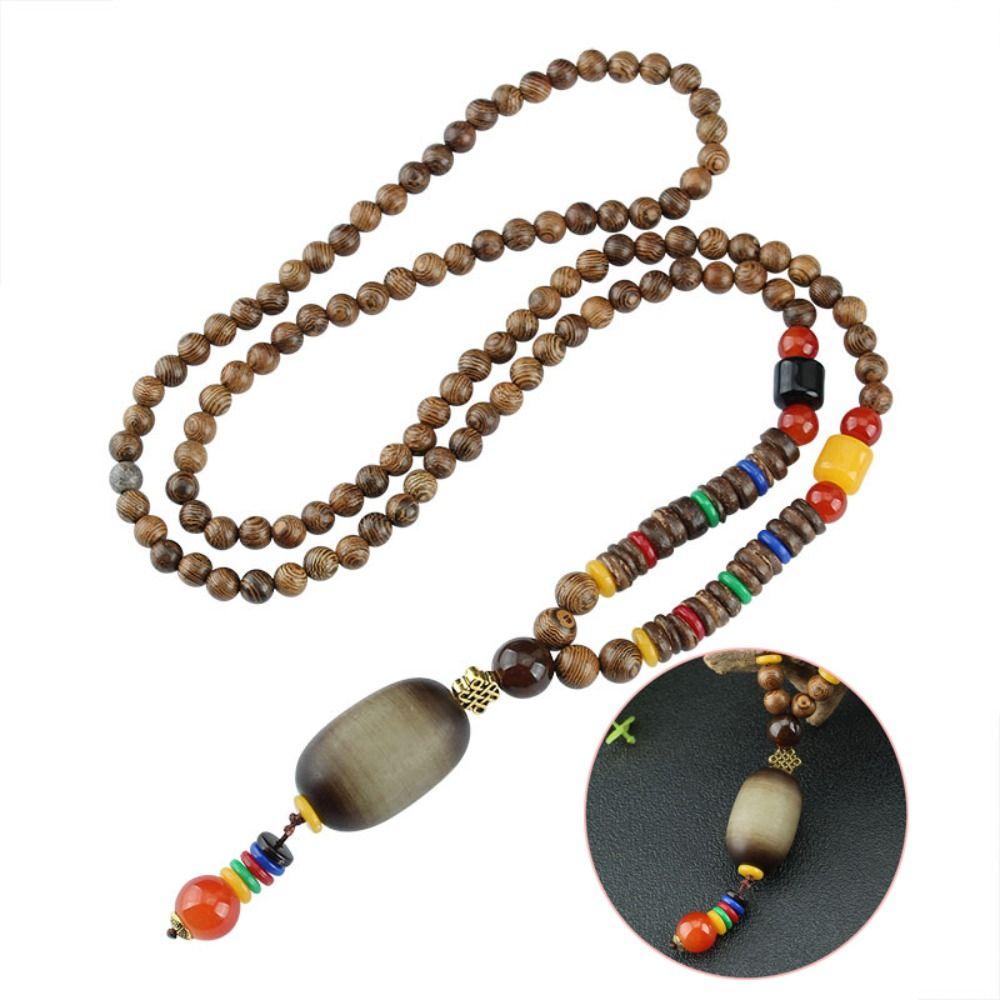 Festival Ethnic Jewelry Party Handmade Mala Wood Bead Horn Fish Pendant Buddhist Nepal Necklace