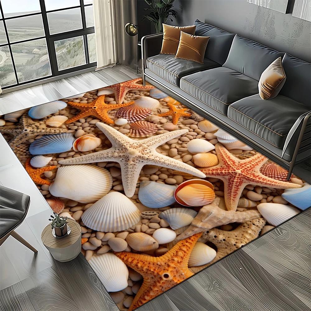 3D Realistic Seashell Starfish Pebble Beach Rug for Living Room Bedroom Coastal Decor Non Slip Carpet Ocean Theme Perfect Gift