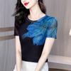 Summer 2025 Women's Fashionable Round Neck Printed Short Sleeve Slimming Mesh Top