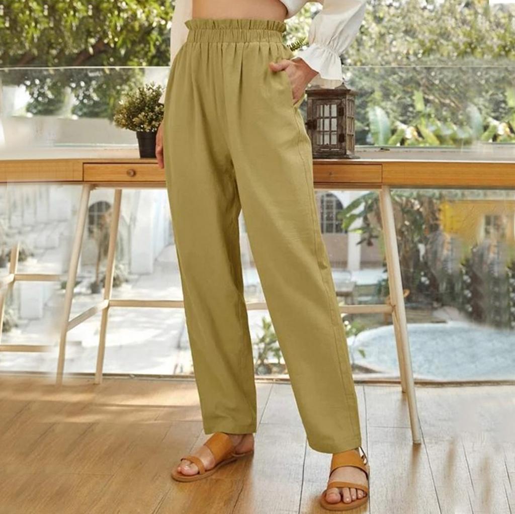 Women's Solid Color High Waist Cotton And Hemp Loose Pocket Leisure Time Trouser