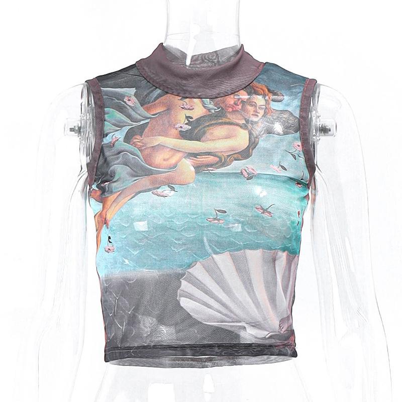 Новые летние женские уличные короткие топы без рукавов, пупок, жилет с 3D винтажным узором, топы без рукавов с принтом и лоскутными краями