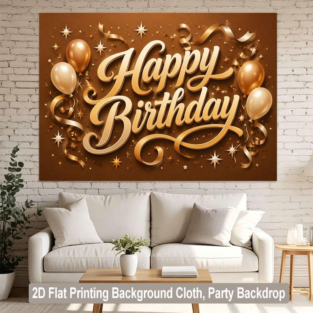 2D Flat Backdrop1pc Happy Birthday Gold Theme Design Backdrop Banner Polyester Wall Decor For Living Room Bedroom Office Outdoor Decor