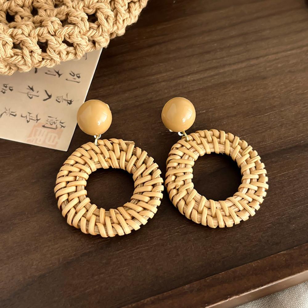 Round Rattan Weave Earrings Flower Beach Jewelry Cute Bohemian Drop Earrings Wedding