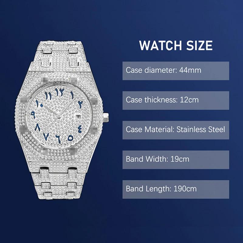 Хип-хоп Уникальные арабские мужские часы Дата Кварцевые наручные часы Золото Серебро Нержавеющая сталь Роскошные часы с бриллиантами для мужчин Ювелирные изделия