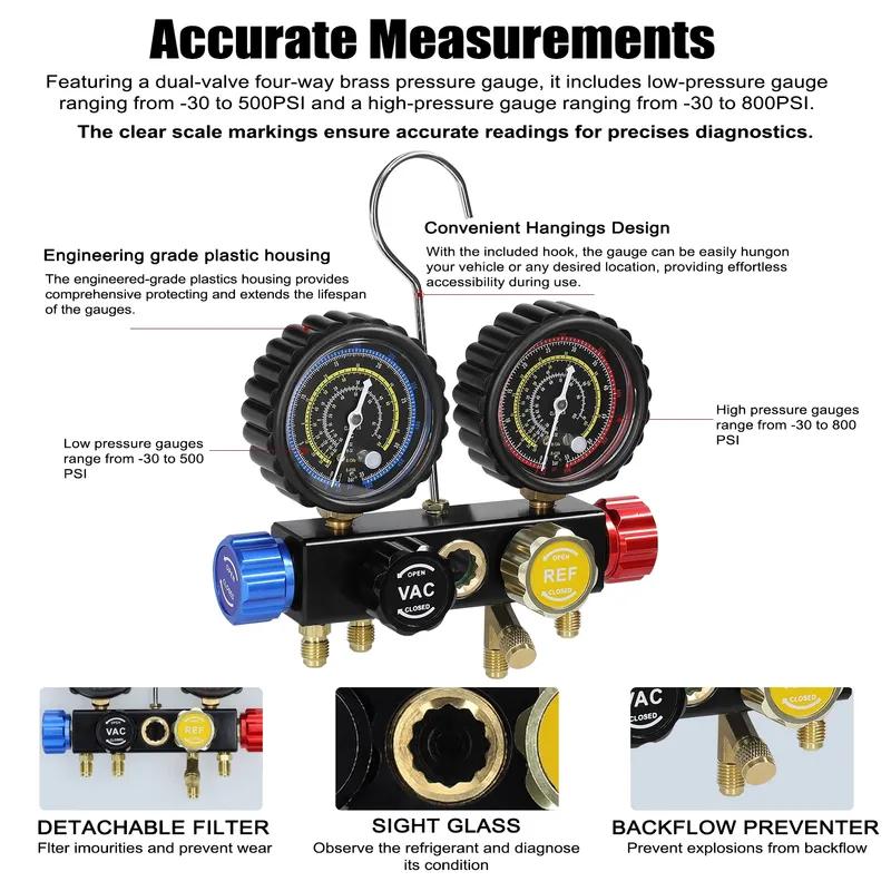 Manifold Gauge Set Car Air Conditioner Refrigerant Charging Tool 4-Way Dual-Value Pressure Gauge for R22/R134A/R410A Refrigerant