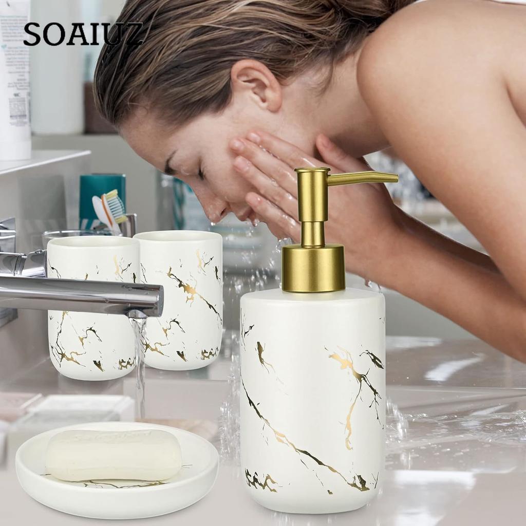 Набор аксессуаров для ванной комнаты, набор керамических аксессуаров для ванны из 4 предметов включает в себя 2 держателя/стакан для зубных щеток, жидкое мыло или лосьон на 300 мл.