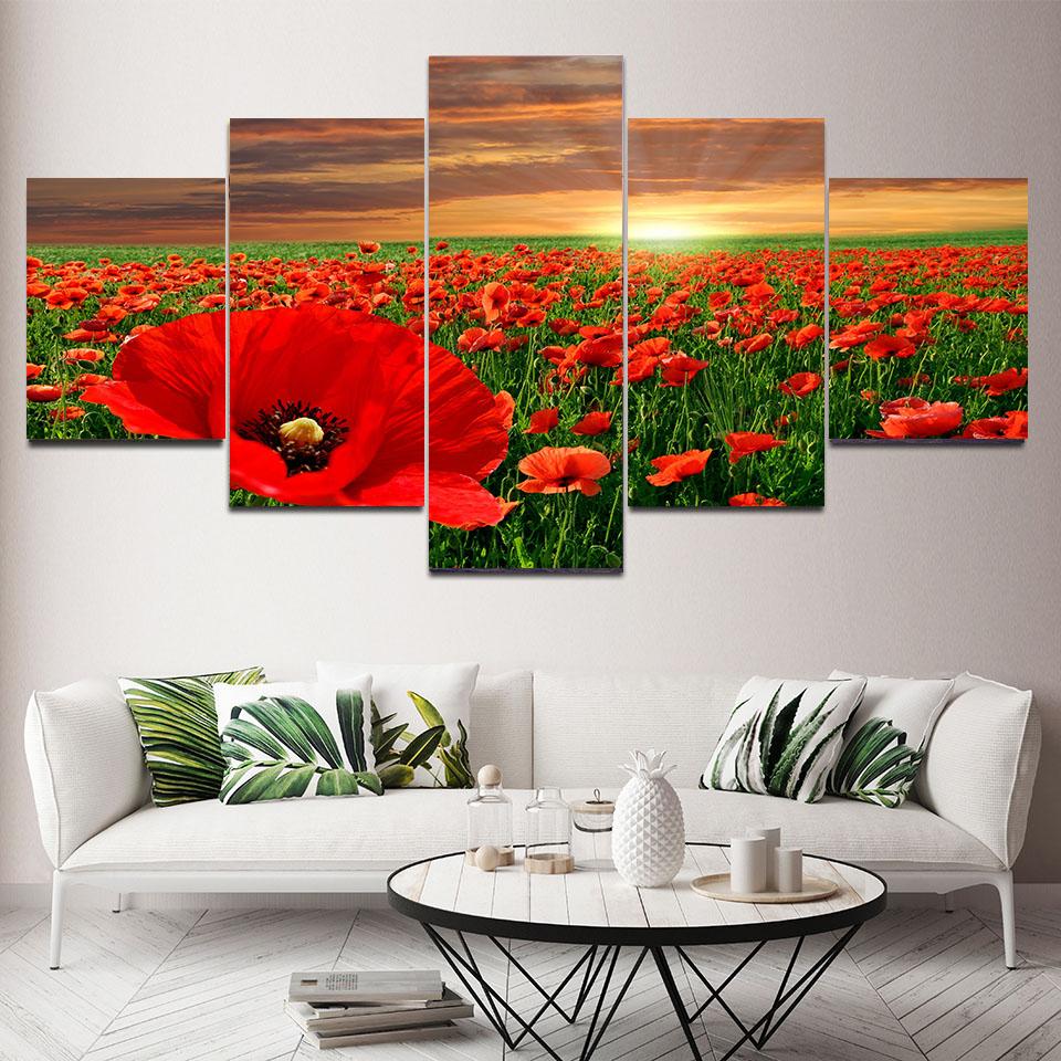 5 панелей Пейзаж Красное Поле Маков Холст Картина Природа Восход Закат Плакаты и принты Настенная Картина Домашний Декор Без Рамки
