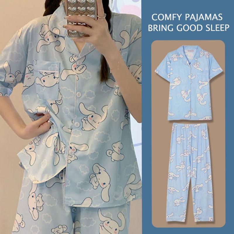Japanese Kitty cat pajamas women's summer thin short-sleeved trousers loose plus size girl raw loungewear set