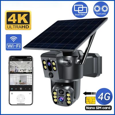 4G SIM-карта, солнечная, двойной объектив/вид 4K WIFI, беспроводная IP-камера PTZ, наружная, PIR-обнаружение, безопасность, ночное видение, наблюдение
