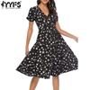 Women's Fashion Summer Spring Flower Pattern Print Short Sleeve V-Neck High Waist Casual Dresses