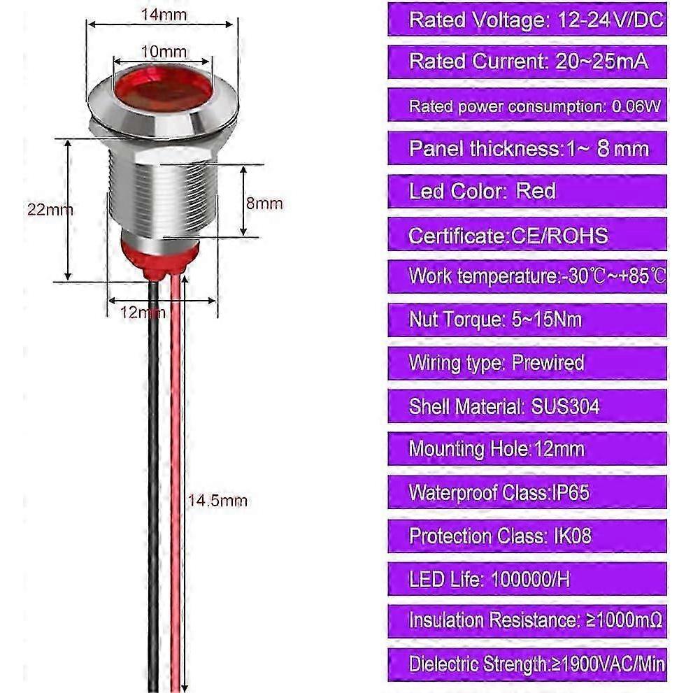 5pcs 12mm 12/24VDC LED Metal Indicator - Waterproof Light Signal Pilot Lamp Directional Dashboard with Wire(Red)