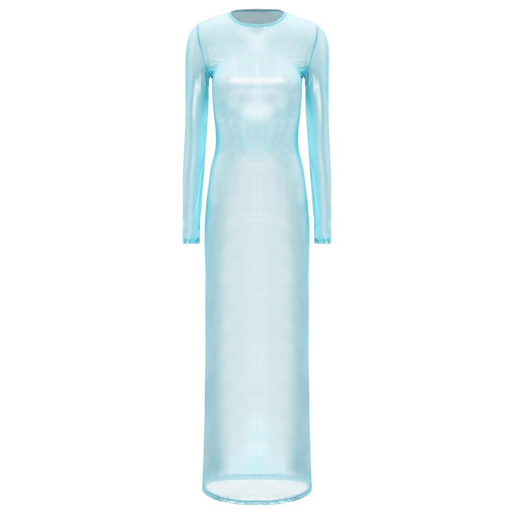 Женское прозрачное платье с длинным рукавом, с металлическим блеском, просвечивающее, в стиле макси, для клуба, ночное белье, забавное платье-нижнее белье