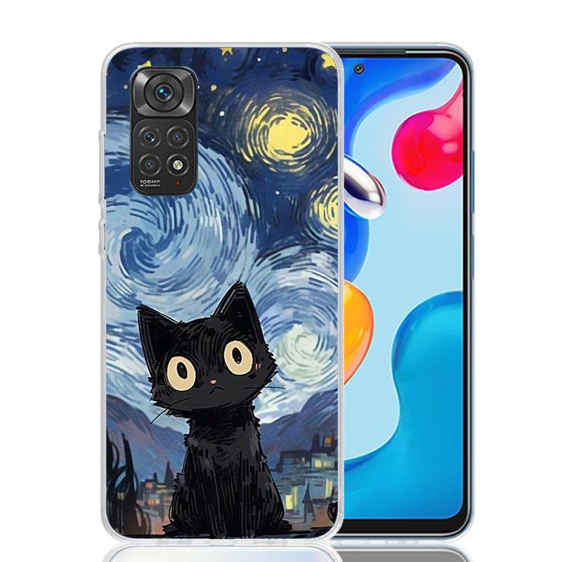 Аниме Милый Черный Кот Мяу Чехол Для Телефона Для Xiaomi Redmi Note 15 14 13 12S 12 Pro Plus 11S 11E 11 11T 10S 10 Арт Мягкий Чехол С Рисунком
