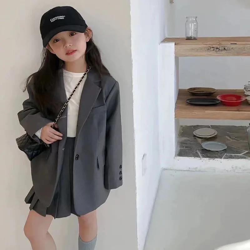 Комплект костюма в студенческом стиле для девочек на весну/осень Однотонный блейзер + юбка Набор из двух предметов