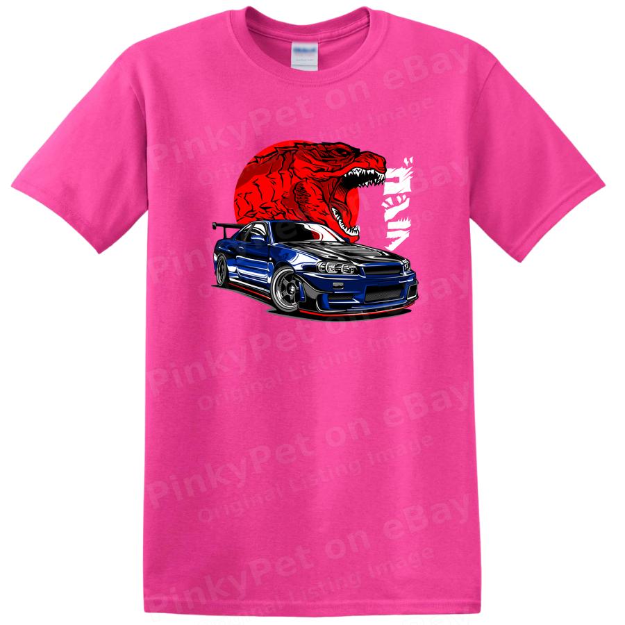 Blue Sports Car T Shirt with Red Dino Graphic Art Cool Tee for Car Enthusiasts