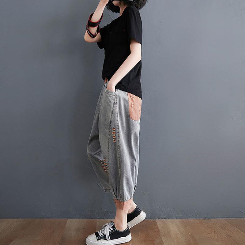 WTEMPO Женские джинсы с эластичной резинкой на талии и рваными отверстиями, свободные джинсы больших размеров, тонкие укороченные брюки