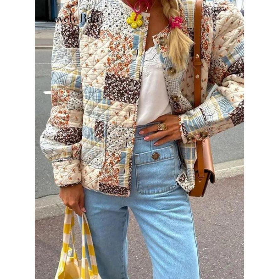 Красочные хлопковые куртки с ретро-принтом, женские однобортные пальто с круглым вырезом и длинными рукавами, осень-зима, женская повседневная уличная одежда