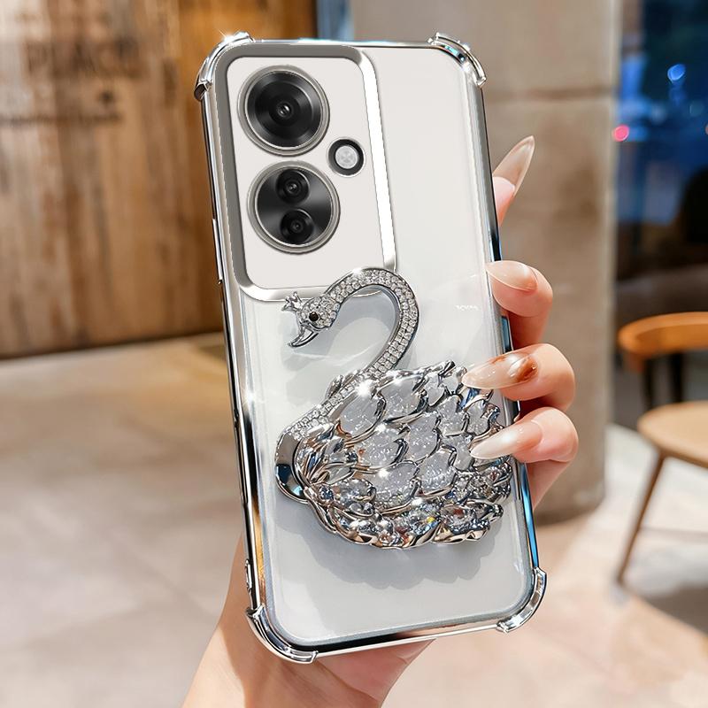 KEYSION Противоударный чехол с гальваническим покрытием для OPPO Reno11 F 5G Прозрачный ТПУ с блестками, инкрустированный драгоценными камнями, подставка в виде лебедя, задняя крышка для OPPO Reno11F 5G