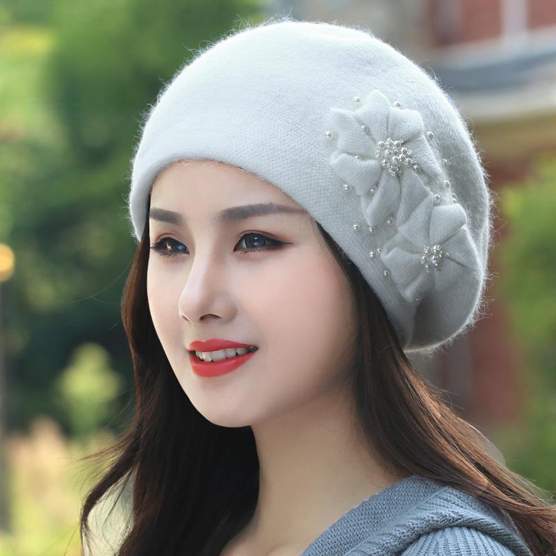 Autumn Winter Hats Korean Fashion Knit Thick Warm Rabbit Hair Hat Women's Knitted Hat Pearl Beret Caps