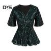 Women Sequin Tops V-Neck Ruffle Sleeves Glitter Blouses Waist Tight Elastic Hem Evening Cocktail Shiny Tops