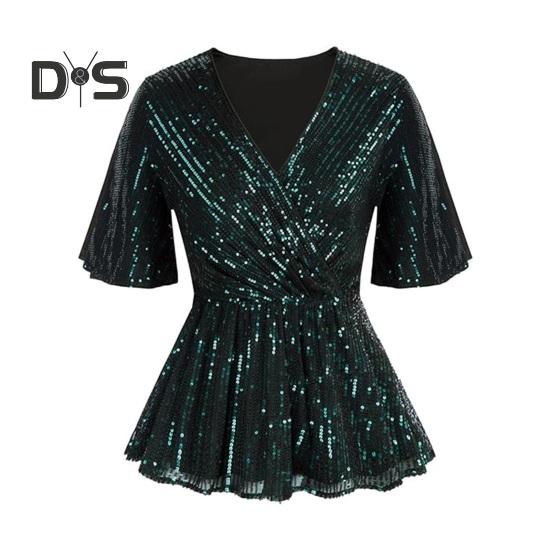 Women Sequin Tops V-Neck Ruffle Sleeves Glitter Blouses Waist Tight Elastic Hem Evening Cocktail Shiny Tops