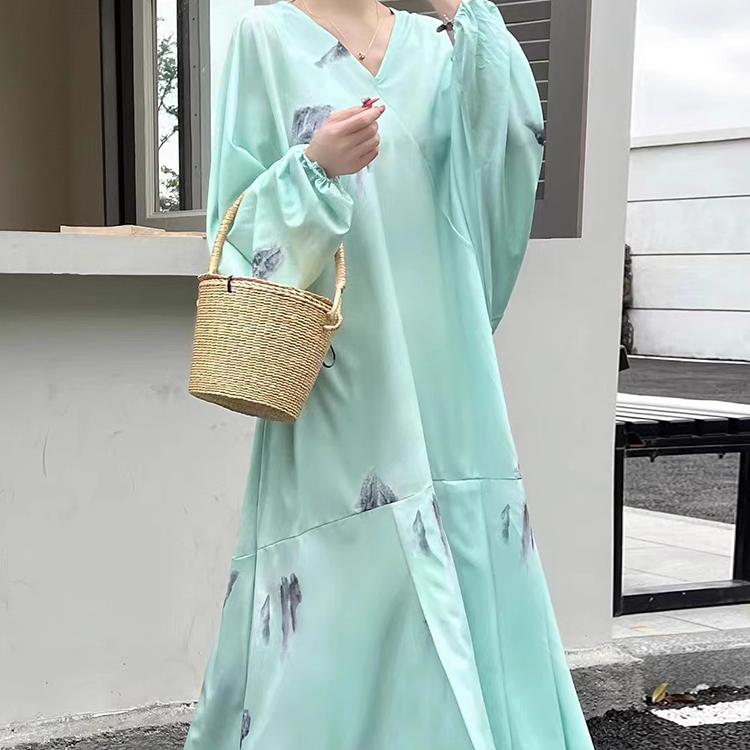 Модное корейское шикарное весенне-летнее ретро-стиль отпуска с v-образным вырезом и чернильным принтом, свободное повседневное женское платье с рукавами «летучая мышь»