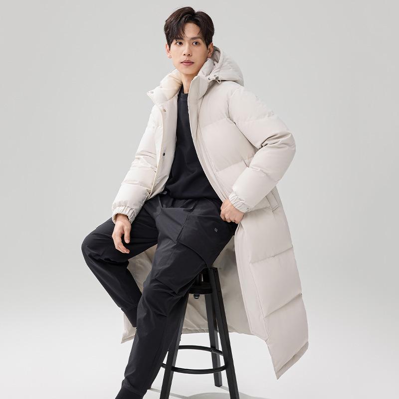 Унисекс утепленная куртка-пуховик средней длины с капюшоном из белого утиного пуха для защиты от холода