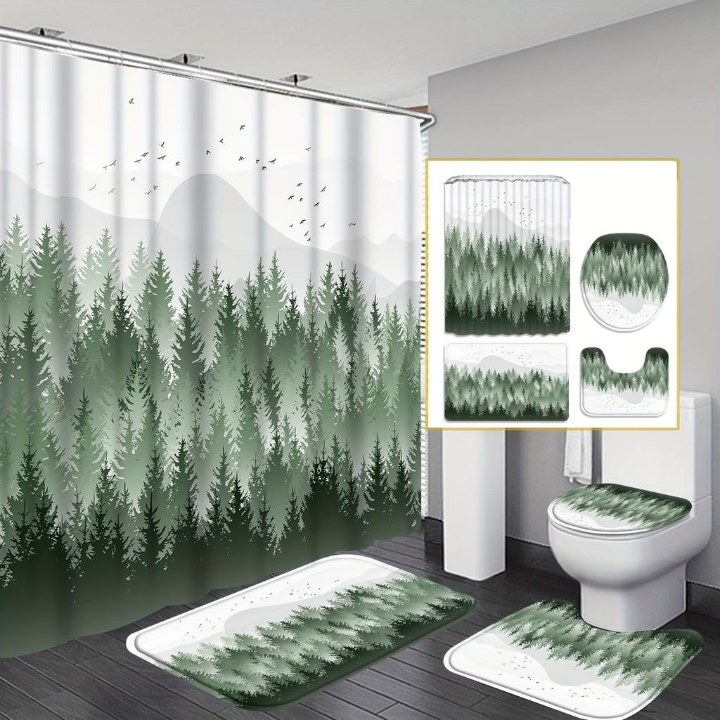 4 шт., наборы занавесок для душа с лесами и горами для ванной комнаты, нескользящие коврики для ванной комнаты, крышка для унитаза, коврик для ванной