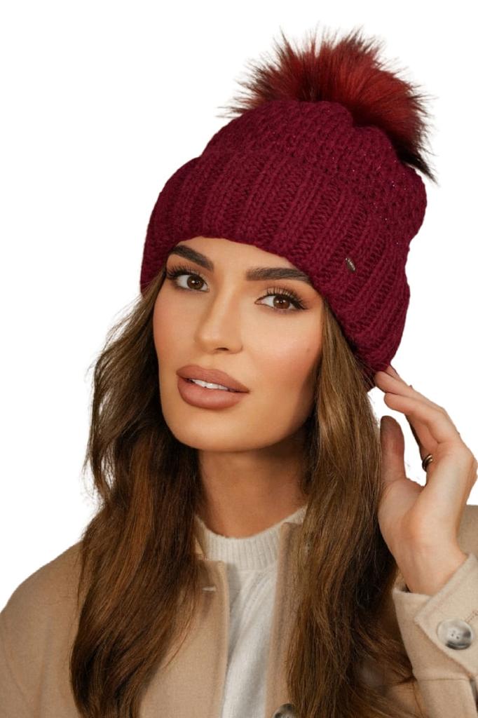 Women' Winter Hat Burgundy Kamea-Furja With Eco Pompom