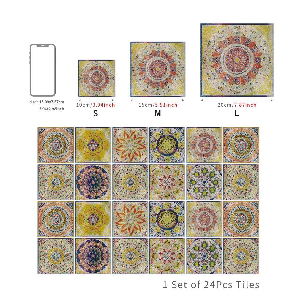 24Pcs/Set Mandala Style Peel & Stick Art Wall Decals Waterproof Tile Decoration Film Bathroom